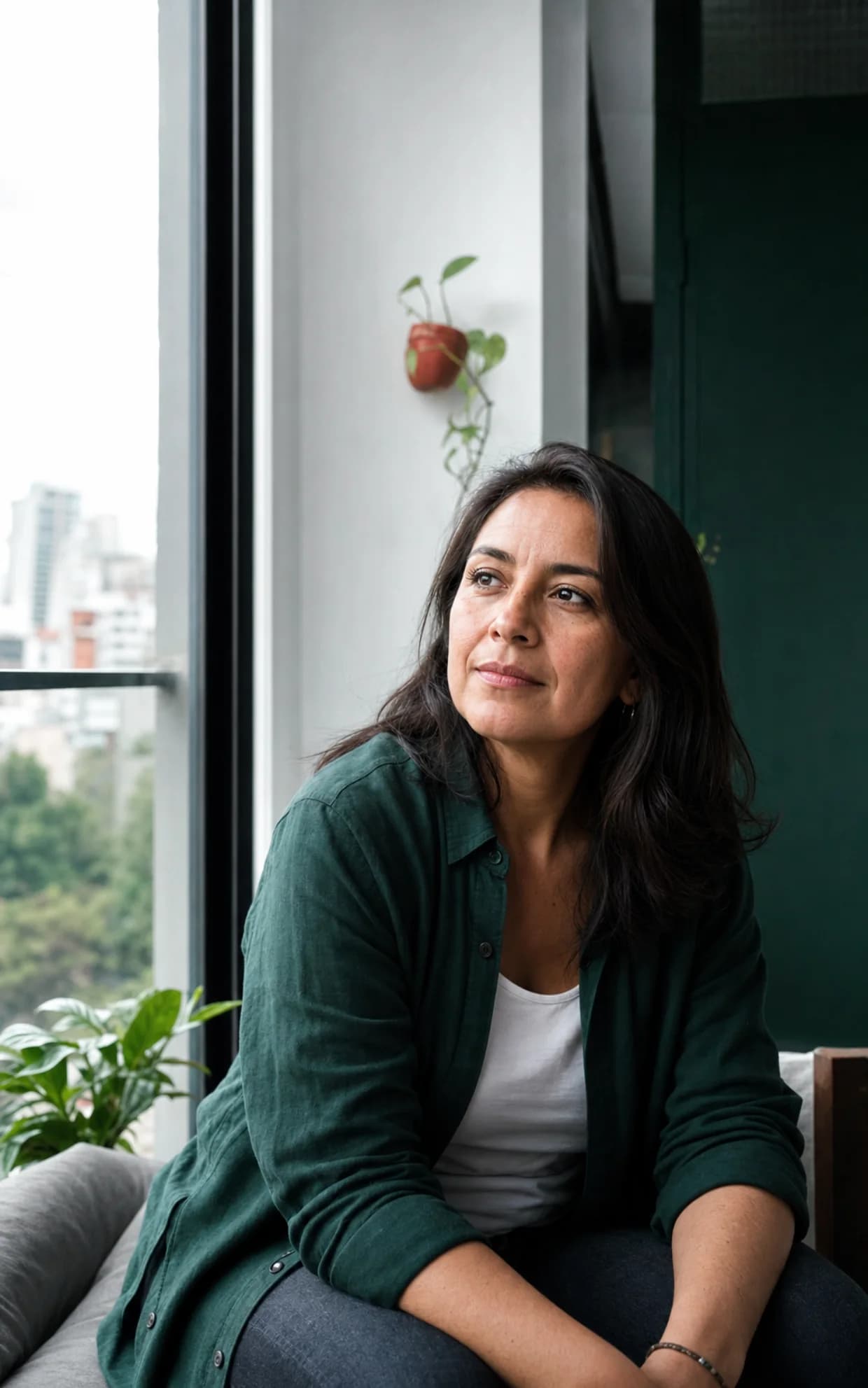 Mujer junto a una ventana, tomando un momento para pensar con calma